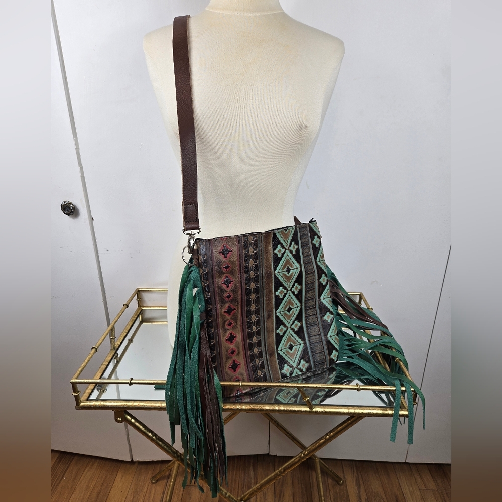 Bohemian Brown and Green Fringe Crossbody Bag